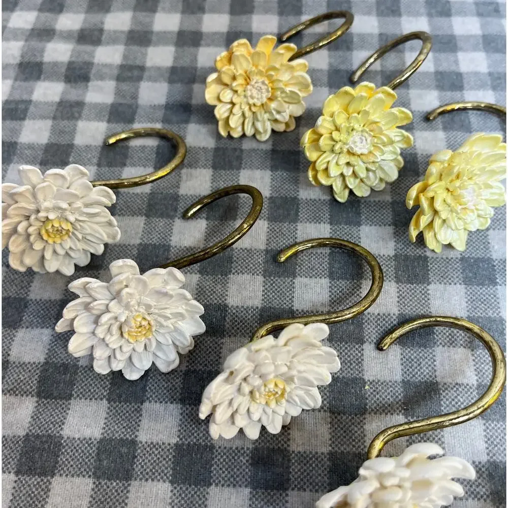 Vintage Shower Curtain Hooks Chrysanthemum Yellow White Brass Tone Set of 12